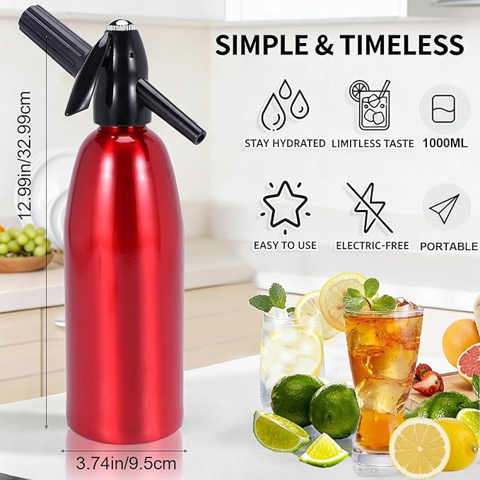 Soda Siphon 1L Portable Soda Maker Sparkling Water Maker for Home & Outdoor, Aluminium Carbonated Water Machines, Seltzer Water Maker for Making Soda,Cocktails, Use 8g CO2 Cartridges (Not Included)