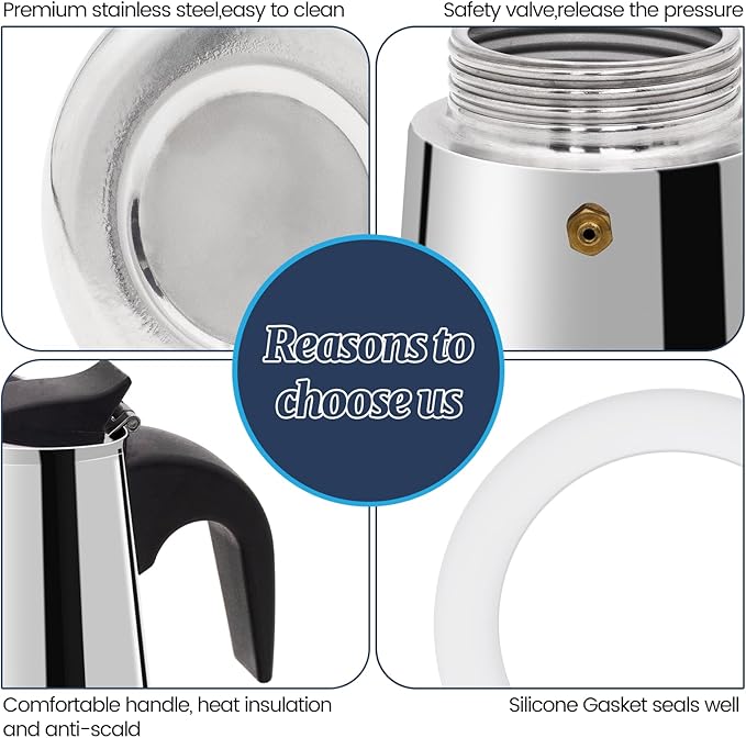 9 Cup Moka Pot Stainless Steel 450ml Italian Espresso Coffee Maker Stovetop Coffee Makers Mocha Pot Percolator Greca Coffee Maker for Induction Stove Portable for Easy Brewing Straight