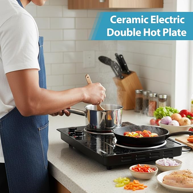 Hot Plate, CUSIMAX Double Burner Electric Hot Plate for Cooking, 1800W Dual Control Portable Stove Countertop Electric Burner Infrared Cooktop, Stainless Steel Black Marble