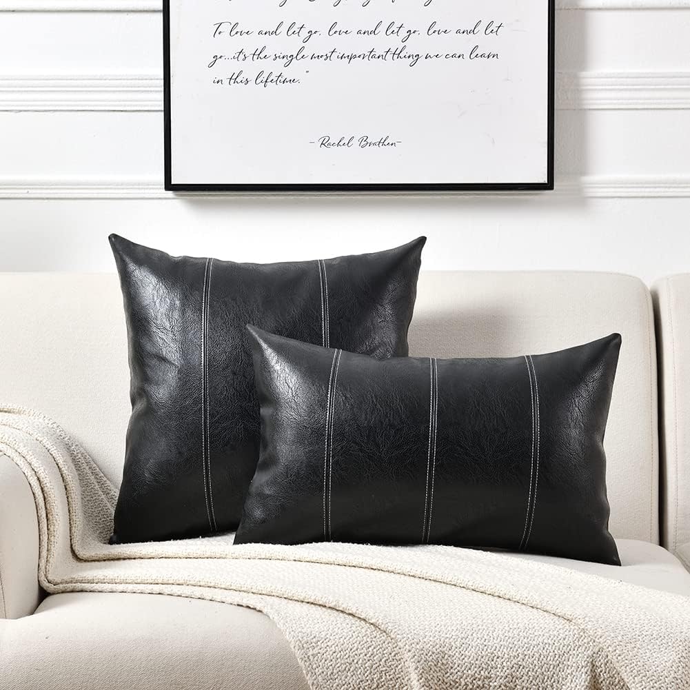 Fancy Homi Black Boho Faux Leather Decorative Throw Pillow Covers 20x20 Inch for Living Room Couch Bed Sofa, Rustic Modern Farmhouse Home Decor, Hand Stitched Square Cushion Case 50x50 cm