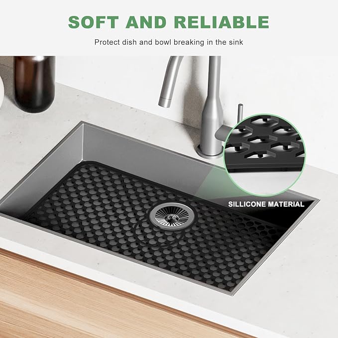 Sink Protectors for Kitchen Sink - Large 26.2"x 14" with Center Drain Hole Heat Resistant Easy Clean Non-slip Silicone Kitchens Sinks Mat for Bottom of Kitchen Sinks Stainless Steel(Black)-66.5x35.6CM