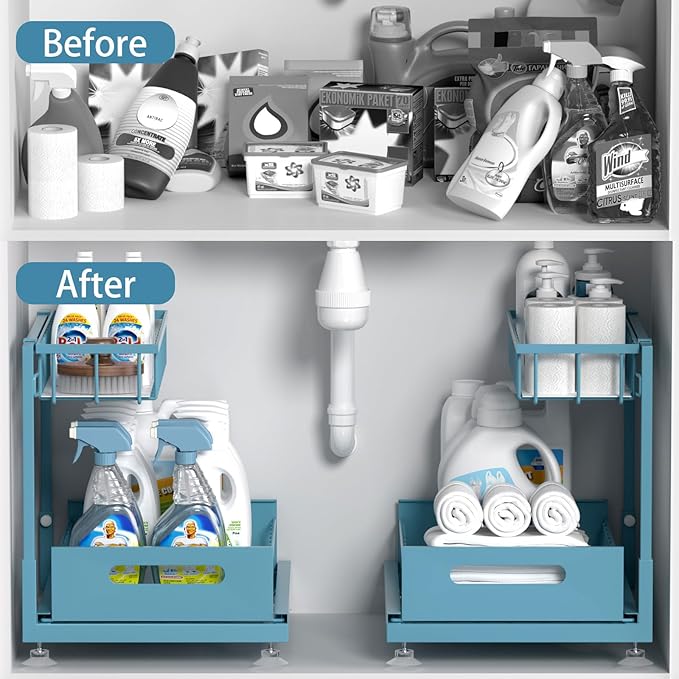 Saydear Under Sink Organizer Storage 2-Tier Premium Metal Pull-Out Kitchen Cabinet Organizer with Sliding Drawer, Height Adjustable, Heavy Duty for Kitchen & Bathroom Organizers 1 Pack Teal