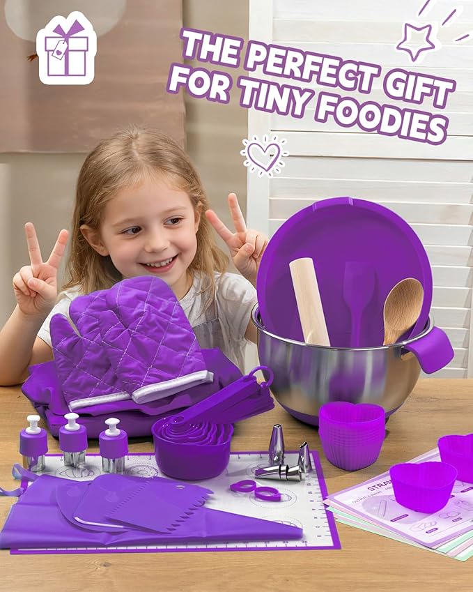 Kids Baking Set–Real Cooking Set for Kids with Kids Cooking Utensils & Kitchen Accessories, Measuring Tools & Baking Supplies,Great Gift for Pretend Play & Montessori Learning (Purple)