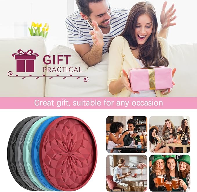 ME.FAN Silicone Coasters with Holder,[6 Pack] Drinking Coasters - Cup Mat for Hot or Cold Drinks, Thickened, Non-Slip, Non-stick,Deep Tray Olive Green
