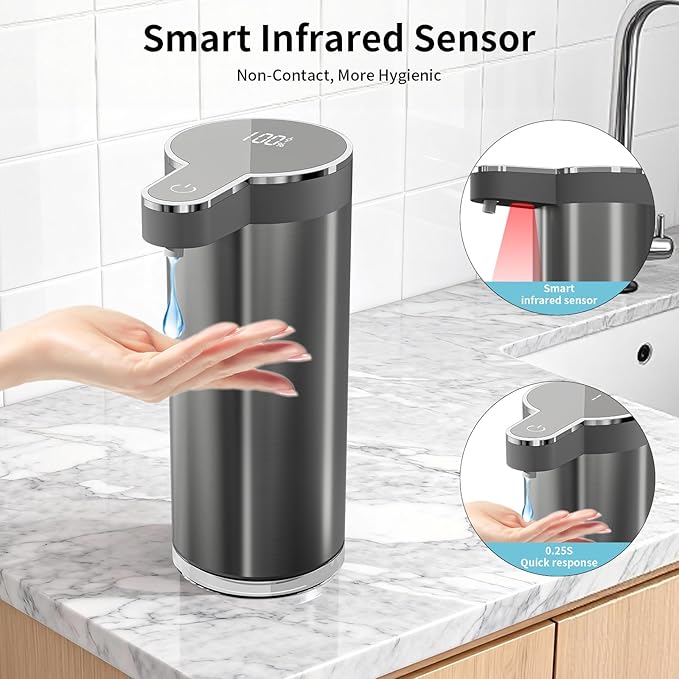 Automatic Liquid Soap Dispenser, 12oz Rechargeable Touchless Soap Dispenser, 4 Levels Adjustable Infrared Sensor Dish Soap Dispenser for Bathroom,Kitchen,Hotel