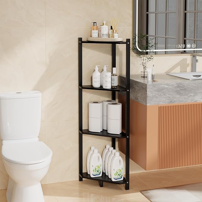 Wisuce Corner Shelf, 100% Real Bamboo Shower Corner Shelves Free Standing Shelf Storage Organizer for Bathroom Living Room Kitchen (Black, 4 Tier)