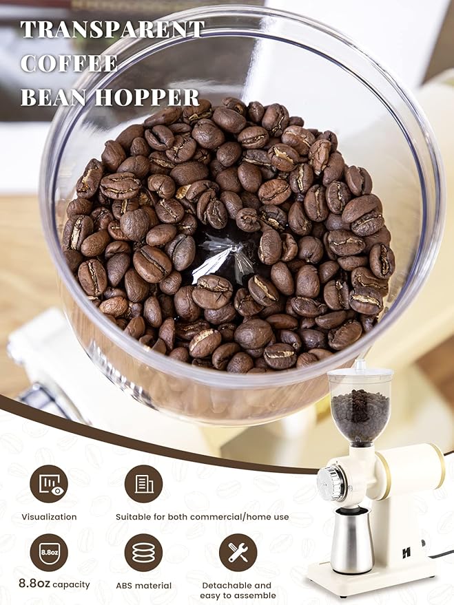 Huanyu Electric Coffee Bean Grinder 250G Commercial&Home Milling Grinding Machine 200W Automatic Burr Grinder Professional Miller 8 Fine - Coarse Grind Size Settings (White)
