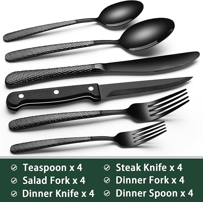 EWFEN 24-Piece Black Silverware Set with Steak Knives, Black Flatware Set for 4, Food-Grade Stainless Steel Tableware Cutlery Set, Mirror Finished Utensil Sets for Home Restaurant, Round Hammered