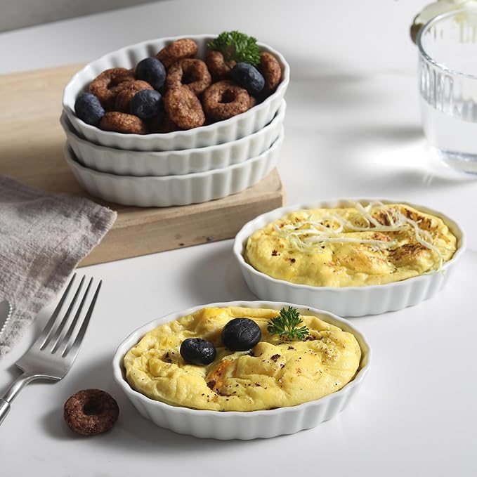 Creme Brulee Ramekins, 6 Pcs Oval Ceramic Baking Dishes 4 OZ, 5.2 Inch Oven Safe Baking Dishes for Souffle, Dessert, Baked Gratins, Prep Bowls for Ingredients, Dipping Sauces - Dishwasher Safe & Stackable