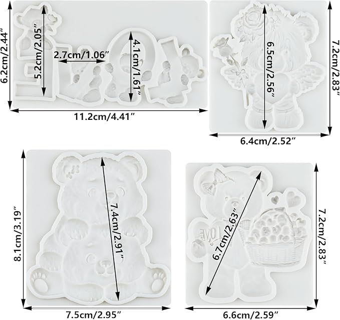 Bear Silicone Fondant Molds Bear Chocolate Candy Mold For Teddy Bears Cake Decoration Wedding Birthday Party Cupcake Topper Polymer Clay Gum Paste Set of 4