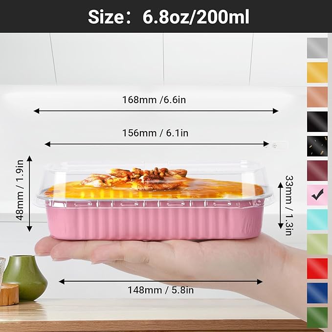 EUSOAR Cupcake Liners with Lids, 50pcs 6.8oz 6.5"x2.5"x1.2" Aluminum Disposable Foil Mini Loaf Pan Tin with Lids，Cupcake Baking Cups Ramekins Containers, Dessert Cheesecake Creme Brulee Ramekins Pan