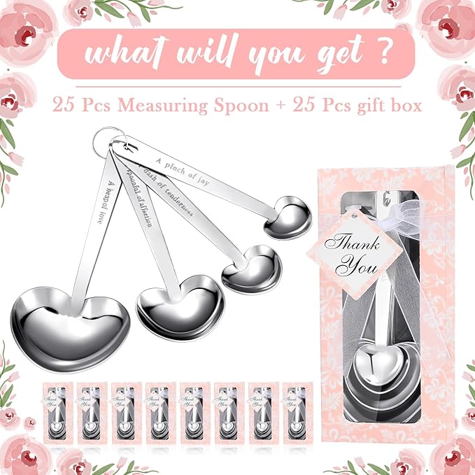 25 Set Pink Heart Shaped Measuring Spoons Stainless Steel Measure Tea Spoons for Bridal Shower Wedding Gift Birthday Tea Party Souvenirs for Guests with Individual Package (Elegant)