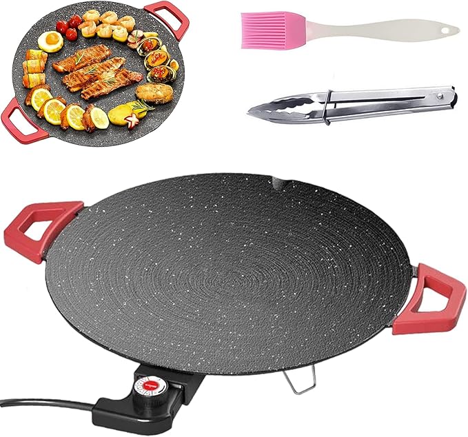 Non-Stick Electric Indoor Grill Pan - 1500w Portable Electric Korean Bbq Grill, Multifunctional Nonstick Smokeless Round Griddlewith Temperature Control,Include Oil Brush,Food Tongs