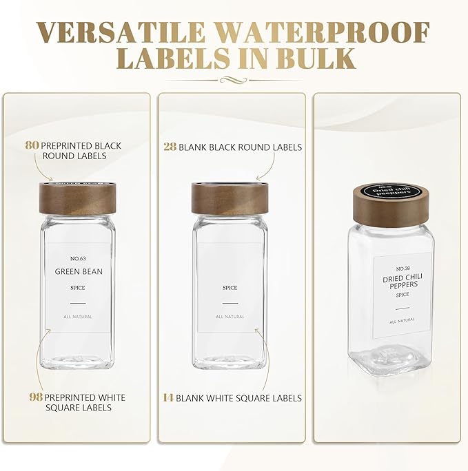 ZEHIQ 12Pcs 4oz Square Glass Spice Jars with Moisture-Proof Acacia Wood Lids, Food-Grade Seasoning Containers with Shaker Lids, 268 Labels, Markers, Funnel & Brush for Pantry Cabinet Drawer Storage