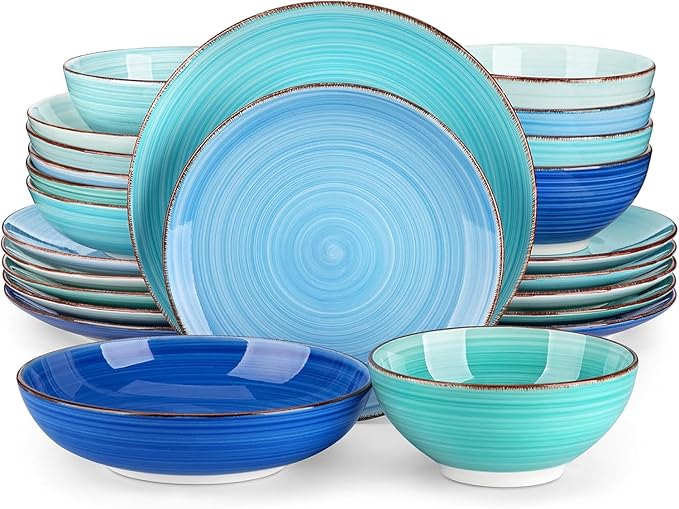 vancasso Bonita Stoneware Dinnerware Sets 24 Pieces Service for 6, Hand-Painted Spiral Dishes Set, Ceramic Kitchen Plates and Bowls Sets-Microwave and Dishwasher Safe (Blue,24 Pcs)