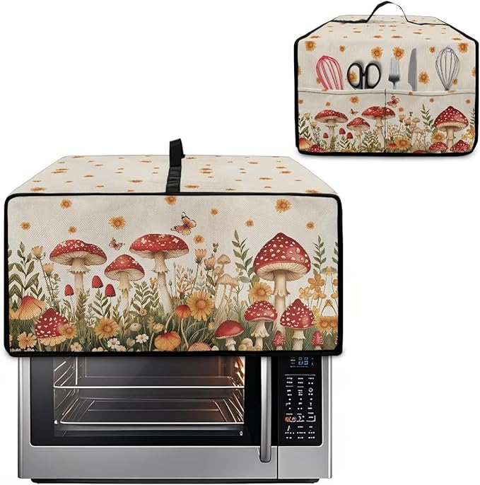 Air Fryer Toaster Oven Cover Fabric Convection Oven Cover with Pockets, Washable Small Appliance Dust Protection for Kitchen Home, L, 18.5 x 22.5 x 13 inches, Mushroom Floral
