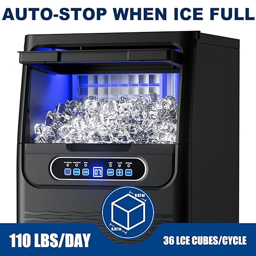 Ice Maker Countertop,110lbs Per Day, Auto-Cleaning, Portable Sonic Ice Maker with Basket and Scoop, for Home Party/RV Camping (110Lbs/24H)
