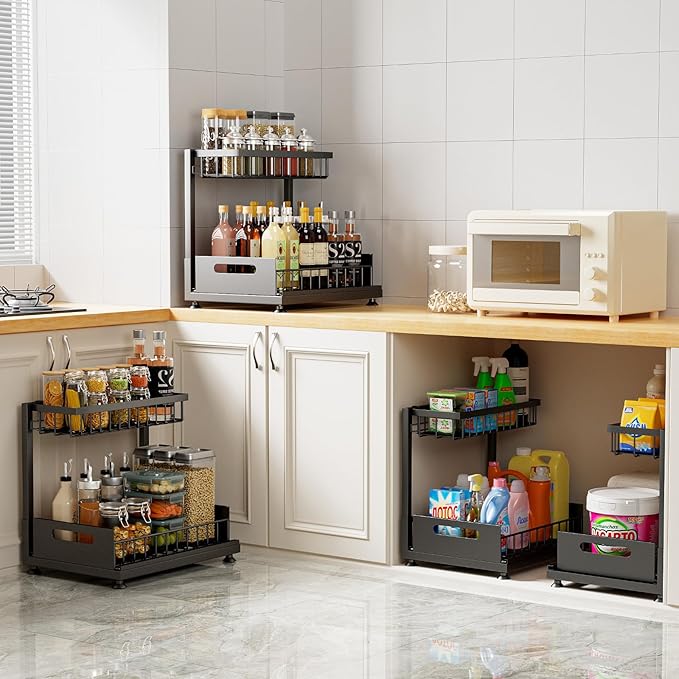 Saydear Under Sink Organizer Storage 2-Tier Premium Metal Pull-Out Kitchen Cabinet Organizer with Sliding Drawer, Height Adjustable, Heavy Duty for Kitchen & Bathroom Organizers 2 Pack Black