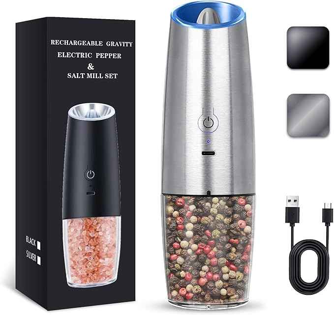 Rechargeable Electric Salt and Pepper Grinder, gravity electric salt and pepper grinder, Adjustable Roughness, LED Light, 1 Pack, (Silver)