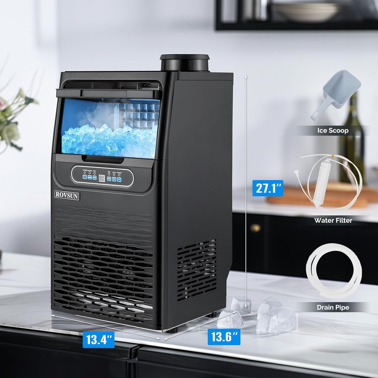 ROVSUN 70LBS/24H Countertop Ice Maker with 2 Water Inlets & Appointment Function, Freestanding Ice Machine with 11lbs Storage Bin, Ice Scoop, Drain Pipe & Water Filter (Black)