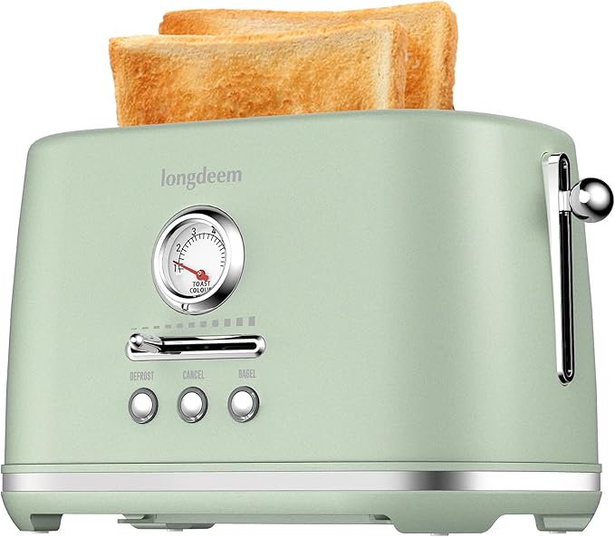LONGDEEM Toaster 2 Slice with Extra Wide Slots & Removable Crumb Tray 6 Browning Options, Auto Shut Off & Frozen Function, Toast Fruit Bread, Bagel & Waffle, Green