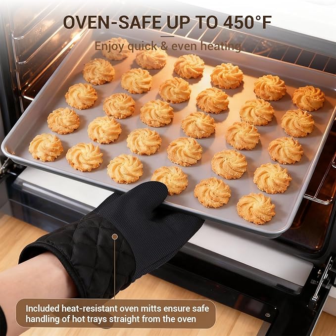 Ammeloo 22-Piece Baking Pans Set Stackable Bakeware Non Stick Baking Set Non Toxic Oven Pans, Including Roasting Pan, Cookie Sheets, Muffin Pans, Cake Pans, Oven Mitts and Utensils(Gray & Stone Black)