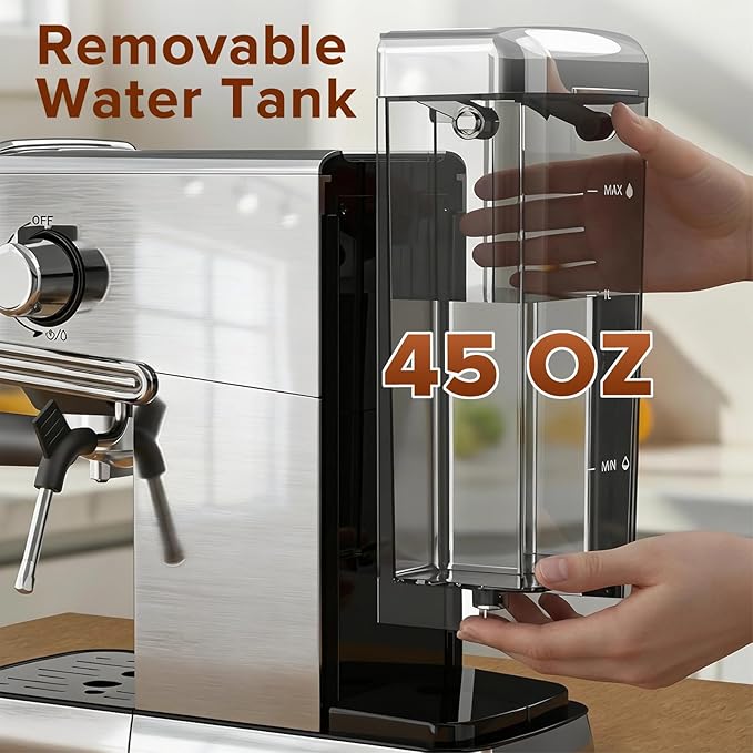 Kndko Espresso Machine, 20 Bar Espresso Maker with Milk Frother Steam Wand, with 45 OZ Removable Water Tank, Latte & Cappuccino Machine for Home, Office, Stainless Steel Color