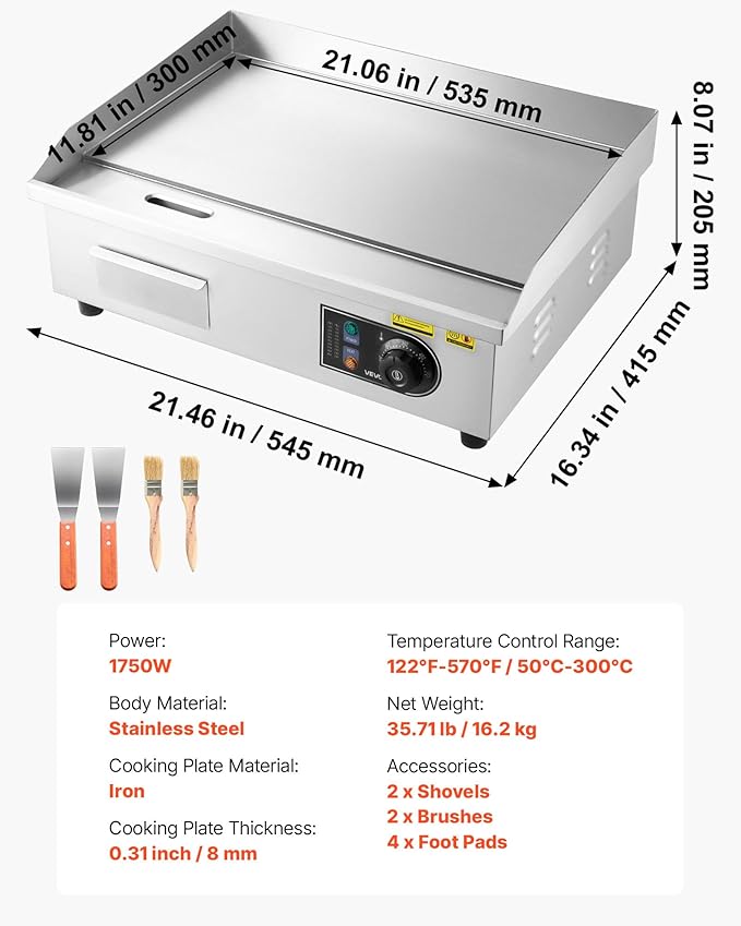 VEVOR Commercial Electric Griddle, 21 x 11.8 inch, 1750W, 122-570°F Adjustable Temp Control, Stainless Steel Countertop Flat Top Grill with 2 Spatulas, 2 Brushes and 4 Foot Pads, for Steak, Pancake