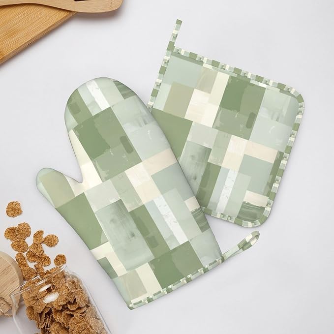 Oven Mitts and Pot Holders Set, Modern Art Pastel Green Geometric Silicone Kitchen Accessories 4 Piece Heat Resistant Long Gloves Potholder Non-Slip Grip for Chef Cooking Baking Grilling BBQ