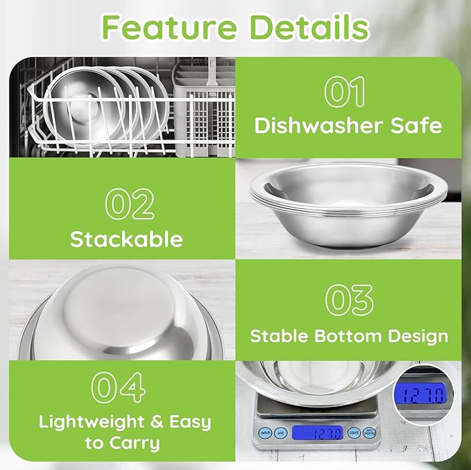 304(18/8) Stainless Steel Mixing Bowls for Kitchen, 2 Pack 8.7" 34.88 fl.oz Metal Mixing Bowls Set Stackable for Baking Serving Cooking Food Prep Storage Dishwasher Safe Lightweight