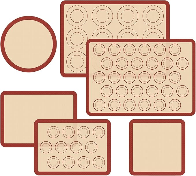 Silicone Baking Mat Set of 6, Macaron Silicone Baking Mat for Baking Sheets, Non-Stick & Reusable Silicone Mats for Baking Macarons, Cookies, Pastries, Pizza
