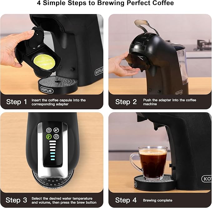KOTLIE EM-308B Espresso Machine, Single Serve Coffee Maker Compatible with Multiple Capsule Types, Ground Coffee, and ESE Pods, 3 Temperatures, 7 Water Volume Levels, 34 Oz (Black)