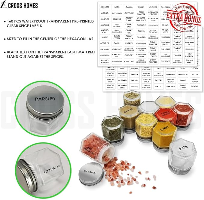20 Pack Magnetic Spice Jars Large 4 oz Refrigerator Hexagon Glass Spice Jars Magnetic Lids Shaker Spice Labels Magnet Glass Spice Containers for RV Travel Trailer Kitchen Fridge Cabinet Wall mount