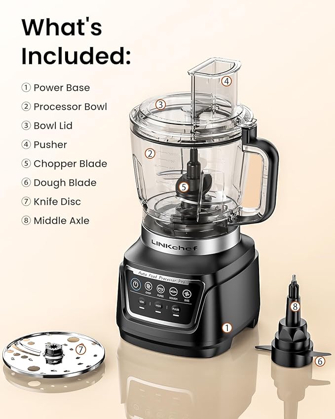 LINKchef Food Processor 68 oz, 700W Electric Vegetable Chopper with 4 Functions for Chopping, Slicing, Shredding, Pureeing and Dough Mixing, Meat Grinder with Stainless Steel Blades for Kitchen