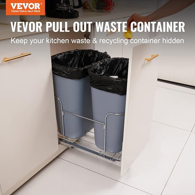 VEVOR Pull-Out Trash Can, 35L Double Bins, Under Mount Kitchen Waste Container with Soft-Close Slide and Door Mounting Kit, 110 lbs Load Capacity Heavy Duty Garbage Recycling Bin for Kitchen Cabinet