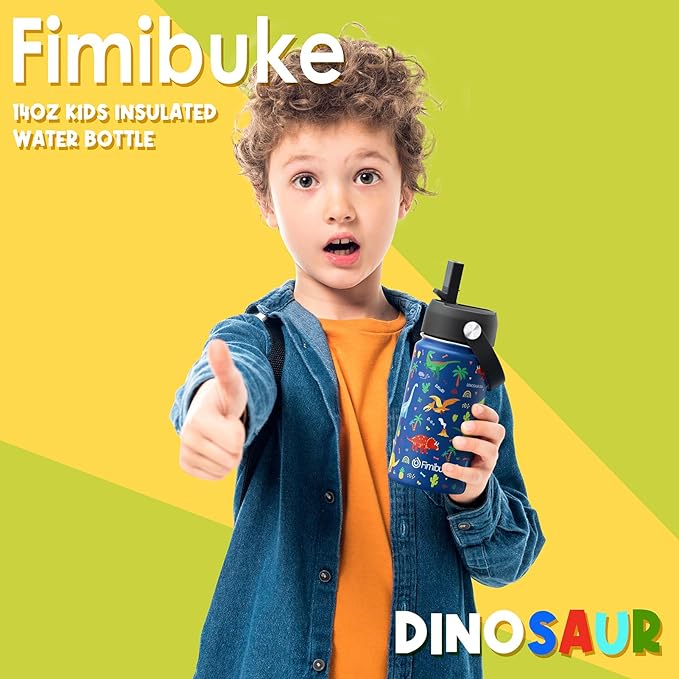 Fimibuke Kids Insulated Water Bottle, 14oz BPA FREE Double Wall Vacuum Tumbler 18/8 Stainless Steel Leak Proof Kids Cups with Straw Metal Water Bottle for School Boy Girl(2 Pack, SPACE/BLUE DINOSAUR)