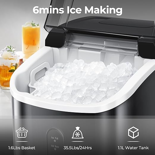 Kndko Premium Countertop Ice Maker – Soft Chewable Nugget Ice, 35 lbs/24H, One-Touch Operation, Self-Cleaning, Portable Ice Machine with Scoop for Home, Kitchen, Office, Bar, RV & More (Silver)