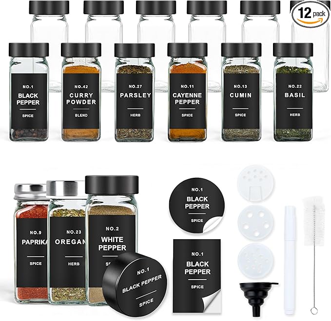 Spice Jars with Label, 12pcs 4oz Glass Spice Jars with Black Lids, Square Spice Containers with 152 Labels and Shaker Inserts, Empty Seasoning Bottles for Drawer, Cabinet, Seasoning Organizer