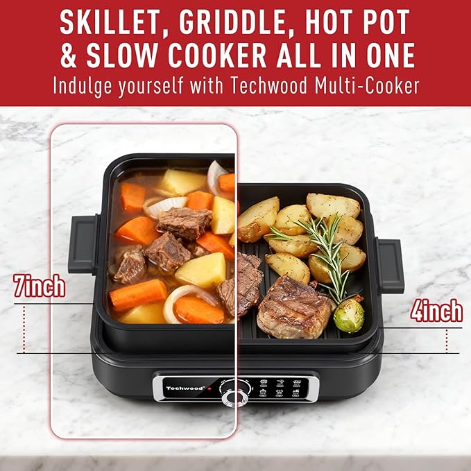 Slow Cooker, Techwood 1500W Electric Skillet 7.5-Quart Extra-large Capacity Multi-Cooker with 5-Level Heat Settings, Come with Non-stick Skillet Pan & Cooking Pot, Dishwasher Safe, Black