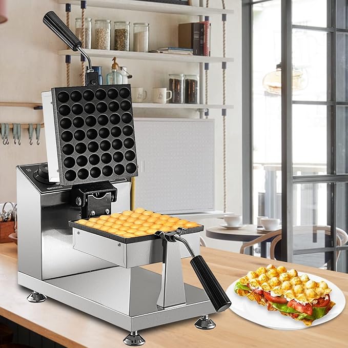 VEVOR Commercial Bubble Waffle Maker, 8" Square Mould, 1200W Egg Bubble Puff Iron w/ 360°Rotatable 2 Pans & Bent Handles, Stainless Steel Baker w/Non-Stick Teflon Coating, 50-300℃/122-572℉ Adjustable