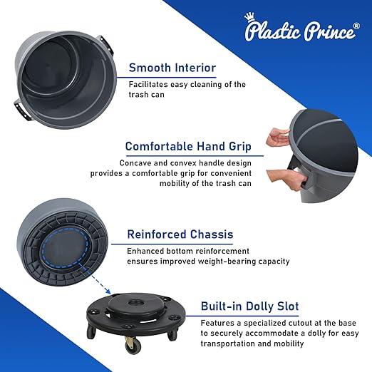PLASTIC PRINCE 44 Gallon Round Trash Can with Lid and Dolly Gray Plastic Commercial Garbage Container for Home Garage Restaurants Warehouses - Bundle