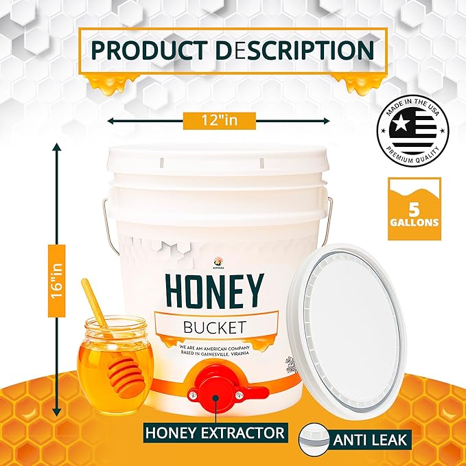 Honey Bucket 5 Gallon Bucket with Spigot White Honey Extractor Equipment, Honey Gate Valve, with Spigot - Food-Grade PP 20L Capacity 4 Pack