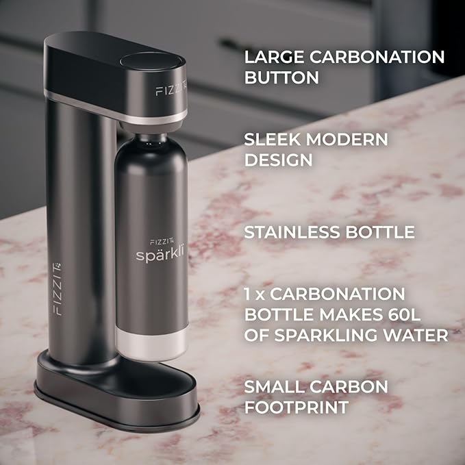 FIZZIT Spärklï Sparkling Water Maker Bundle – Soda Streaming Machine with 2 CO2 Cylinders & 2 Reusable Stainless Steel Bottles (Black + White) – Carbonated Water Soda Maker, Dishwasher Safe