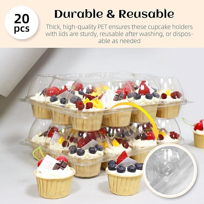 WIKDAY 12 Count x 20 Sets Plastic Cupcake Containers, Durable and BPA-Free Cupcake Holder with Lid for Easy Transport Storage, Stackable Clear Cupcake Carriers, Reusable Dessert Boxes