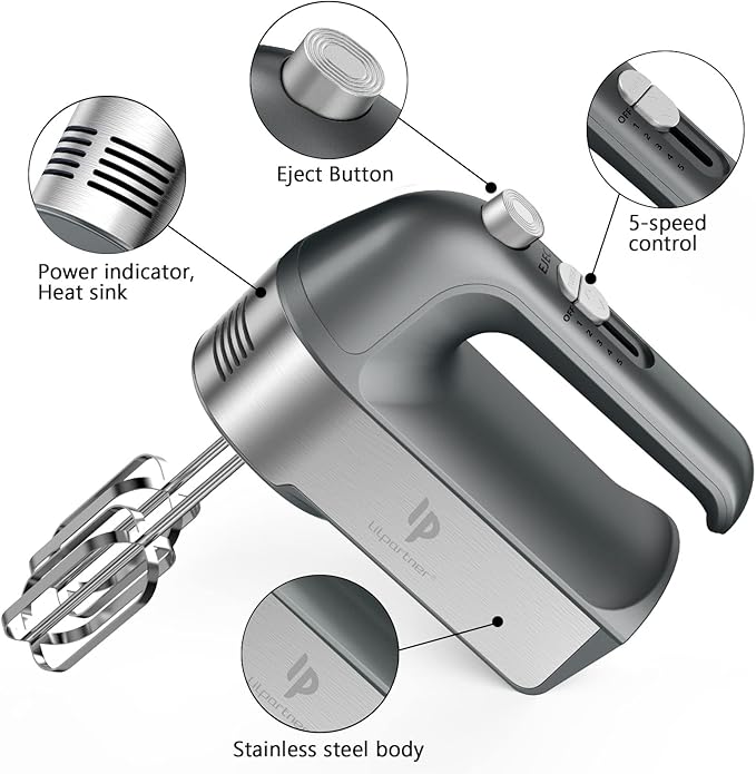 Hand Mixer Electric, 450W Kitchen Mixers with Scale Cup Storage Case, Turbo Boost/Self-Control Speed + 5 Speed + Eject Button + 5 Stainless Steel Accessories, For Easy Whipping Dough, Cream, Gray