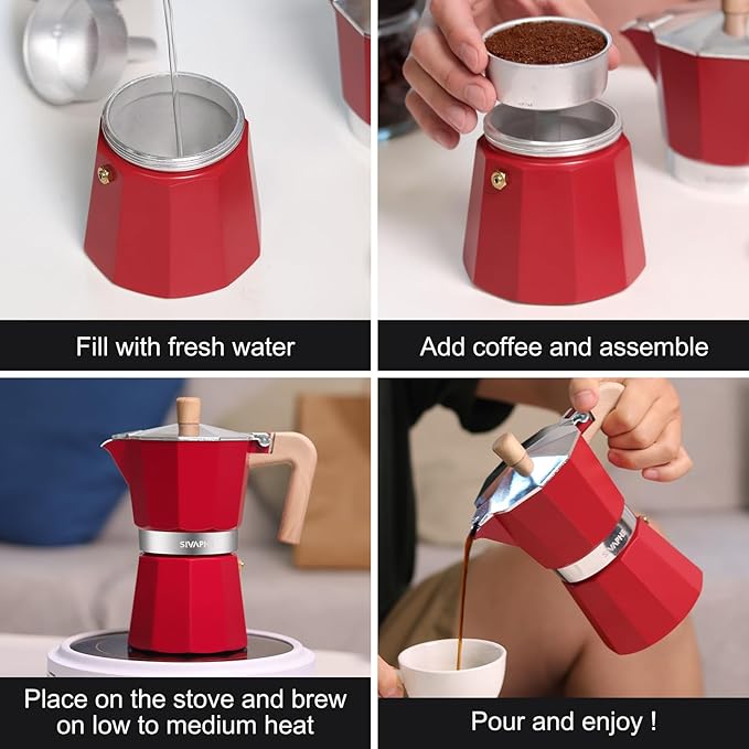 Sivaphe Aluminum Moka Pot 3 Espresso Cups, Percolator Espresso and Coffee Maker, Portable Stovetop Italian and Cuban Café Brewer for Home and Camping Red