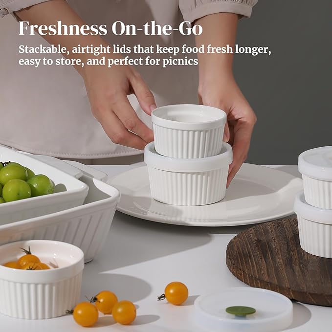 DOWAN Ramekins with lids 4 oz, Creme Brulee Ramiken Oven Safe, Ceramic Baking Bowls Souffle Dishes, Custard Cups Charcuterie Boards Bowls Dipping Sauces, Set of 6, White