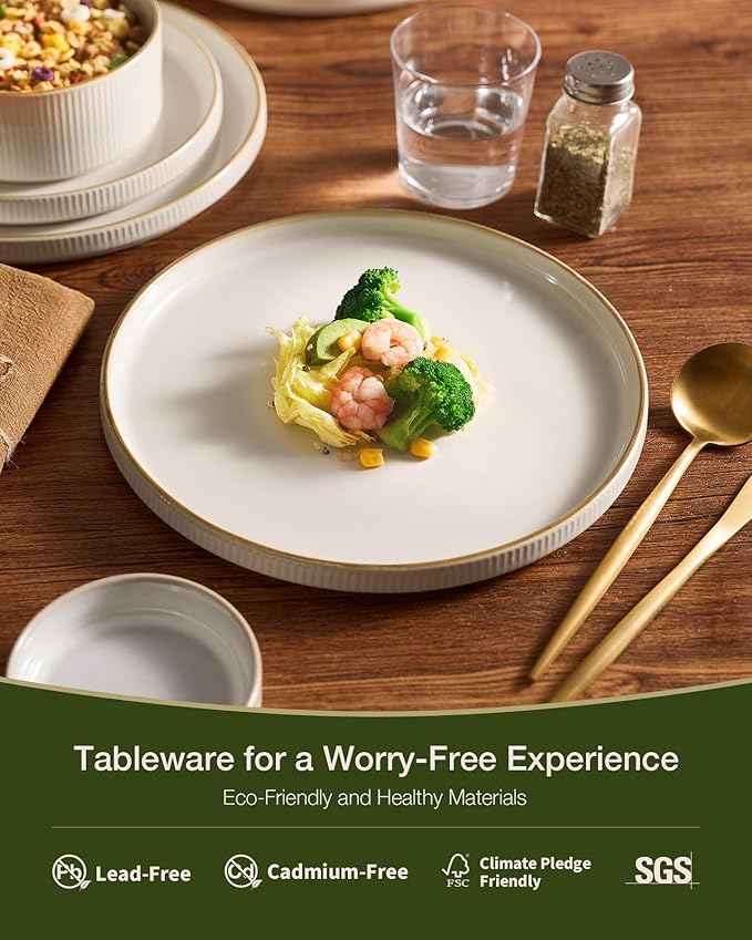 Famiware Star Dinnerware Set with Pasta Bowls, Service for 4 (16pcs), Ribbed Stoneware Plates and Bowls Dishes Sets with Trim - Chip & Scratch Resistant, Microwave & Dishwasher Safe, White
