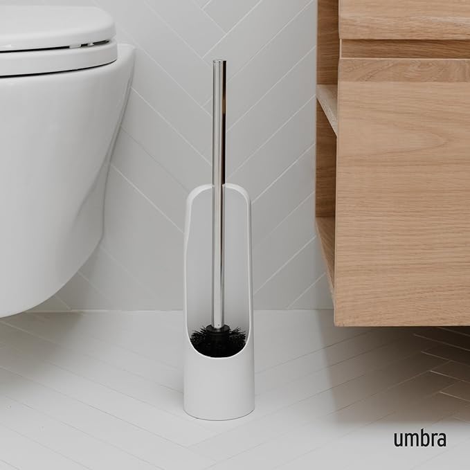 Umbra Touch Toilet Brush with Holder/Stand – Durable, Slim Cleaning Tool with Dense Bristles – Removes Stubborn Stains, White