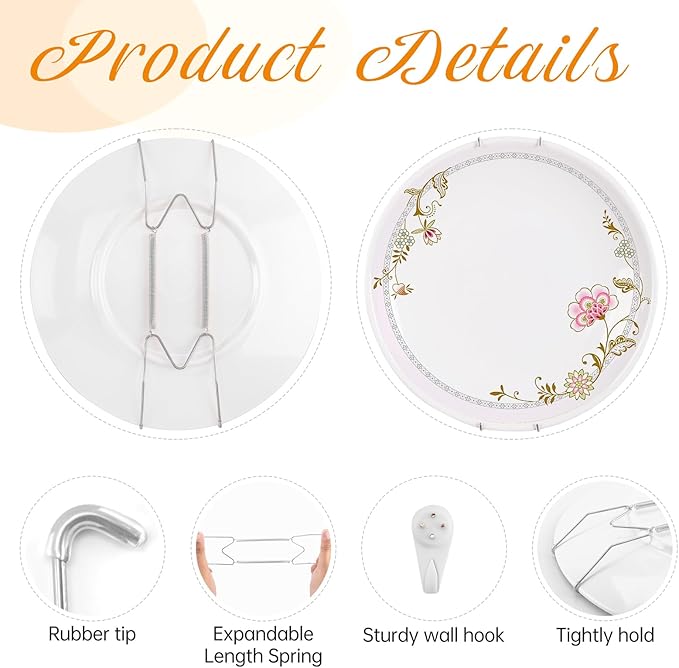 Plate Hangers for The Wall, Suitable for 8-10 inch Decorative Plate, Stainless Steel Wire Plate Holder with Wall Hooks and Rubber tip Protectors, Plate Hangers for Displaying Plates, Platter, Silver